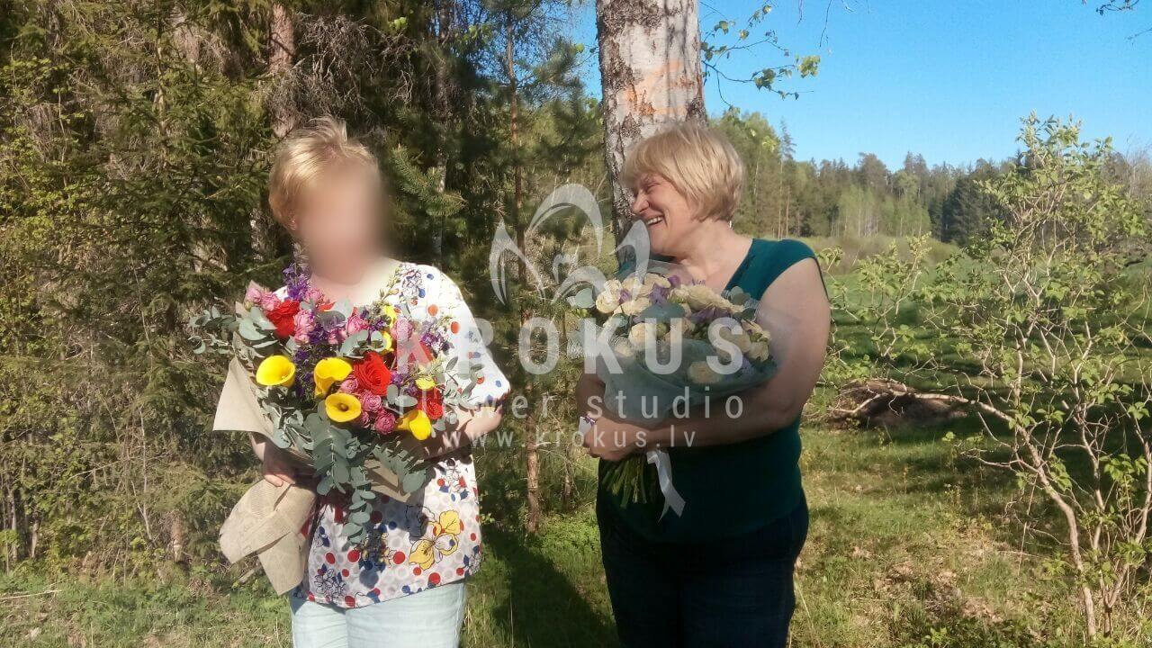 Deliver flowers to Latvia (shrub rosespink rosescalla liliesfreesiaveronicaorange rosesgum treeozothamnus)