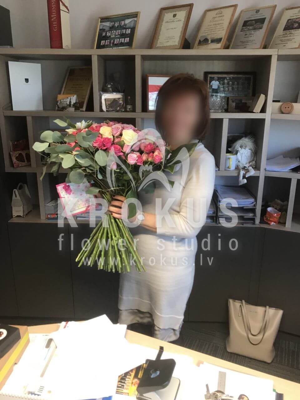 Deliver flowers to Tukums (shrub rosescinnamonpink rosespistaciaecheveriawhite rosesgum treecottonozothamnus)