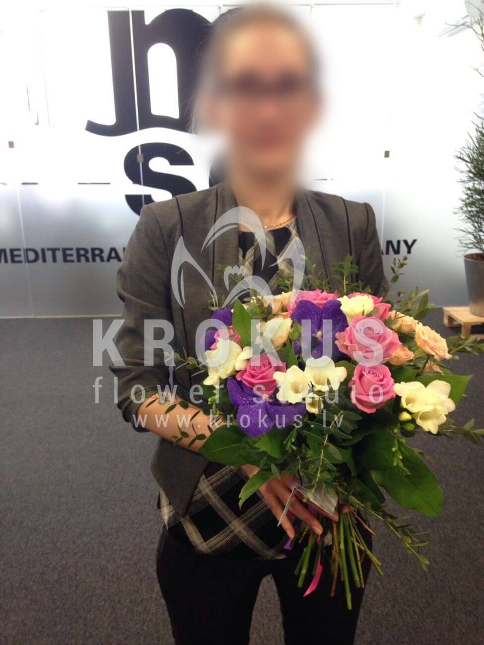 Deliver flowers to Latvia (shrub rosespink rosesfreesiaorchidsgum tree)