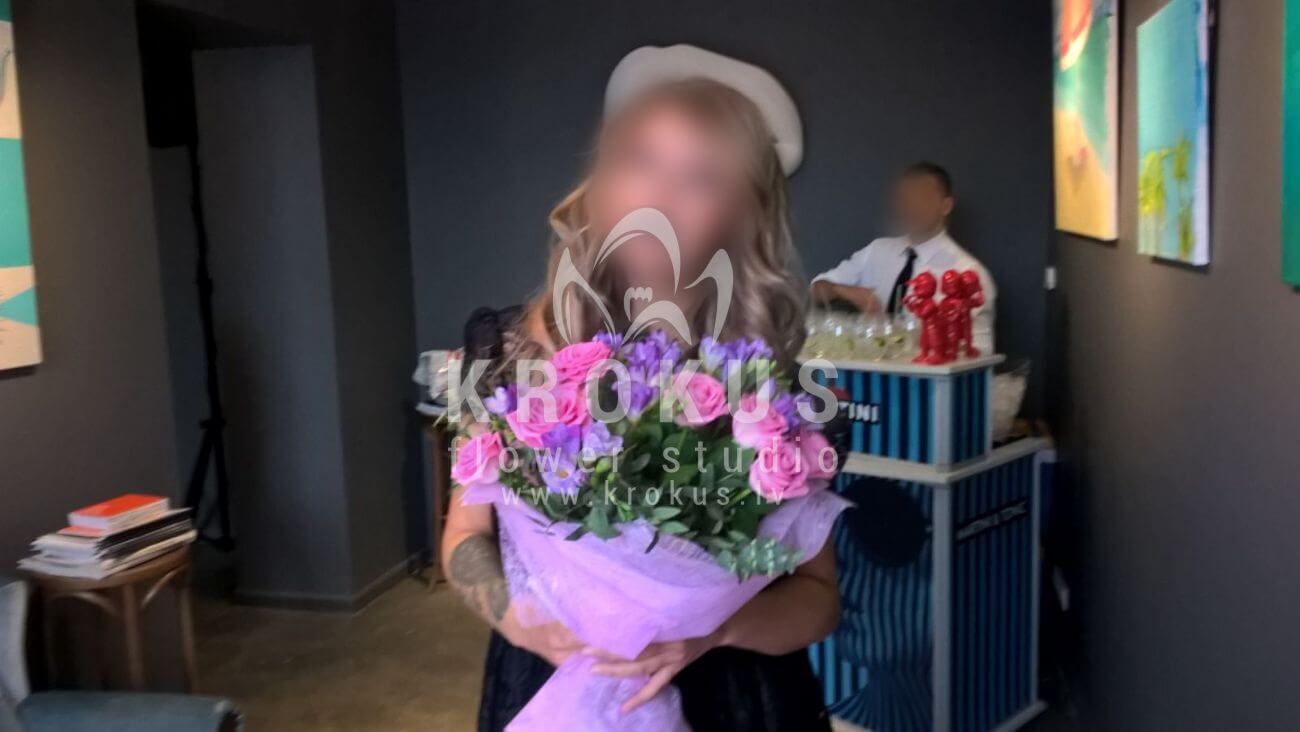 Deliver flowers to Latvia (pink rosesfreesiagum tree)