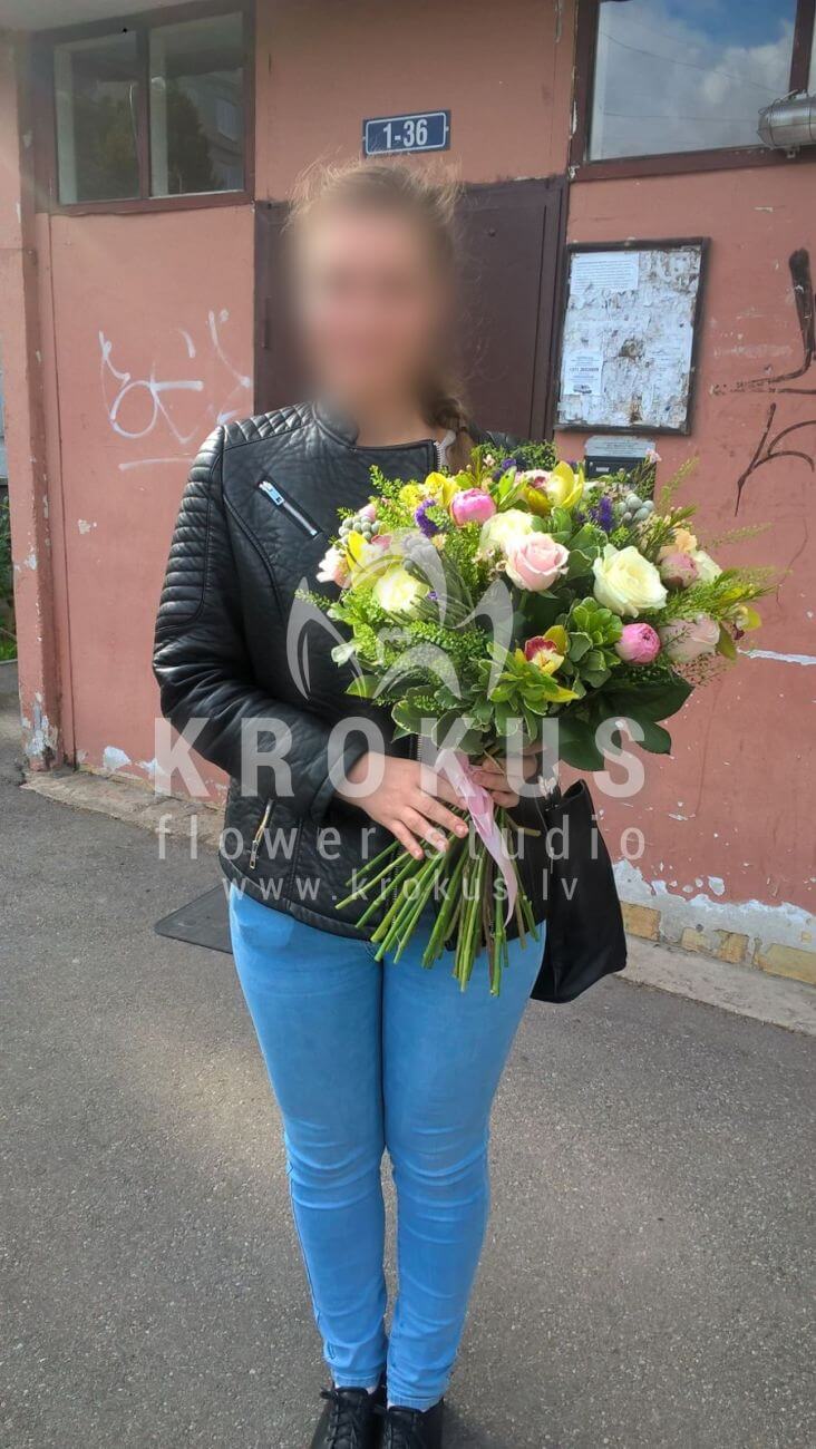 Deliver flowers to Latvia (meadow flowerslimoniumgoldenrodlupinebruniaorchidswhite rosesveronicacheesewoodpeoniesblue cornflowerdavid austin roses)