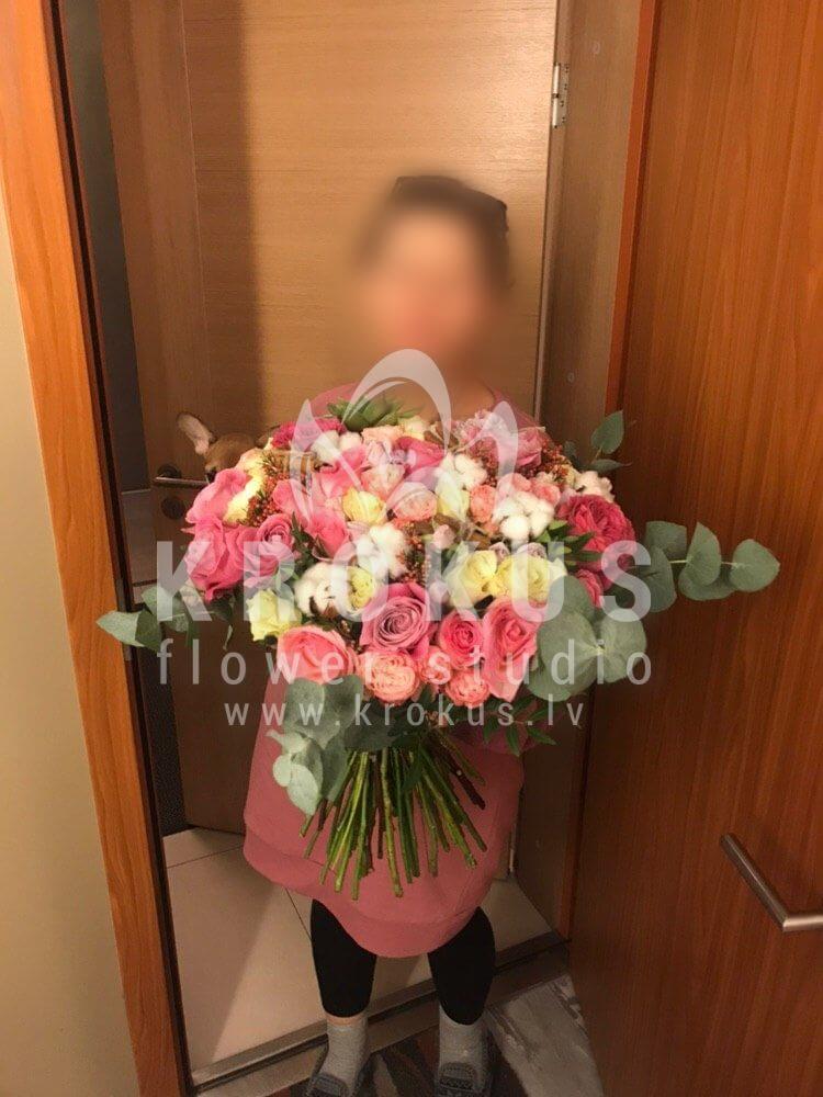 Deliver flowers to Rīga (shrub rosescinnamonpink rosespistaciaecheveriawhite rosesgum treecottonozothamnus)