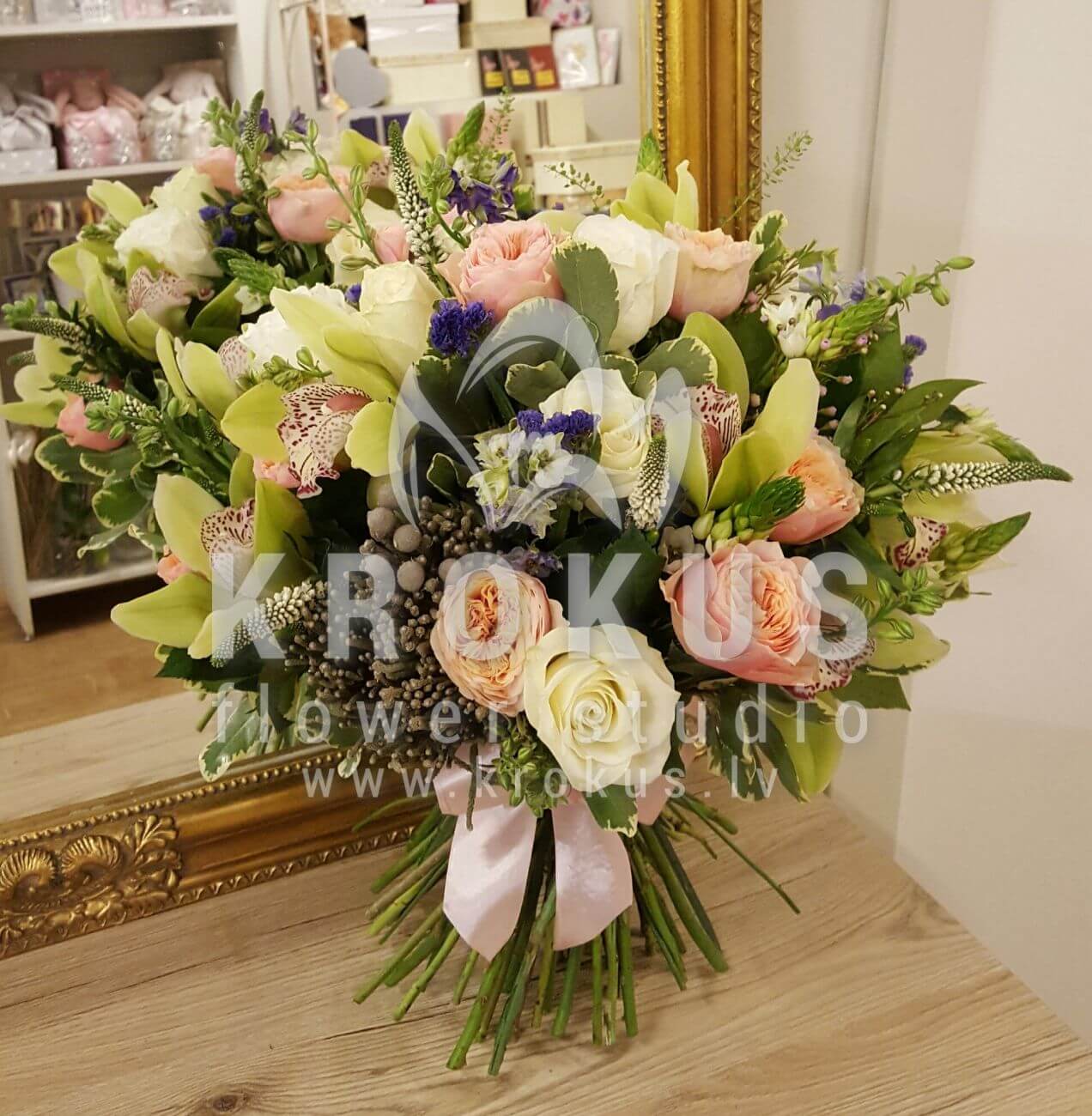 Deliver flowers to Latvia (meadow flowerslimoniumgoldenrodlupinebruniaorchidswhite rosesveronicablue cornflowercheesewoodpeoniesdavid austin roses)