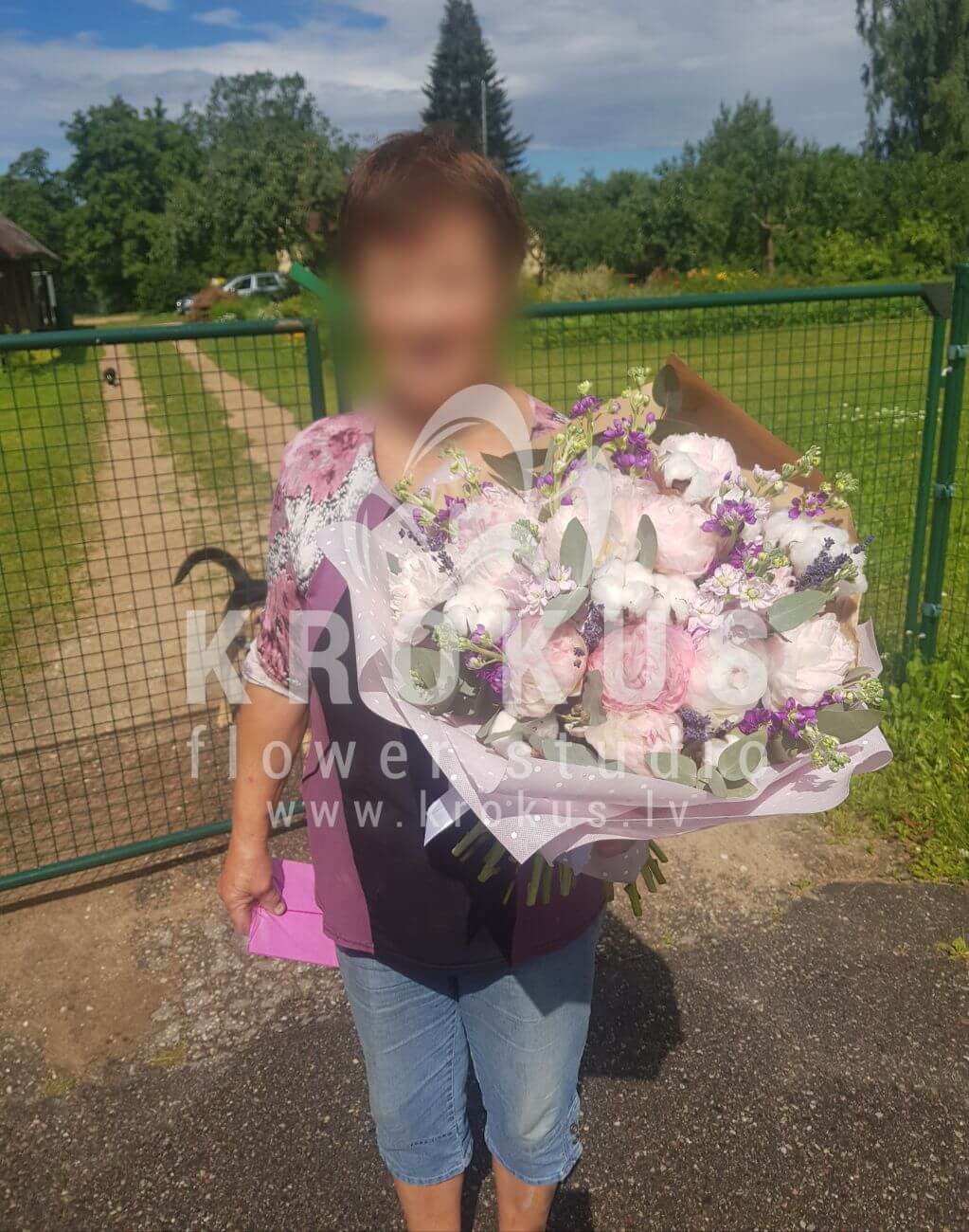 Deliver flowers to Bīriņi (hyacinthcottongum treelavenderpeonies)