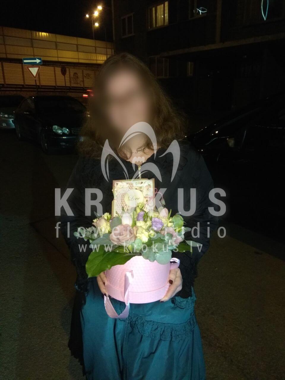 Deliver flowers to Rīga (pink rosestulipsclovesstylish boxwhite roseswaxflowergum tree)