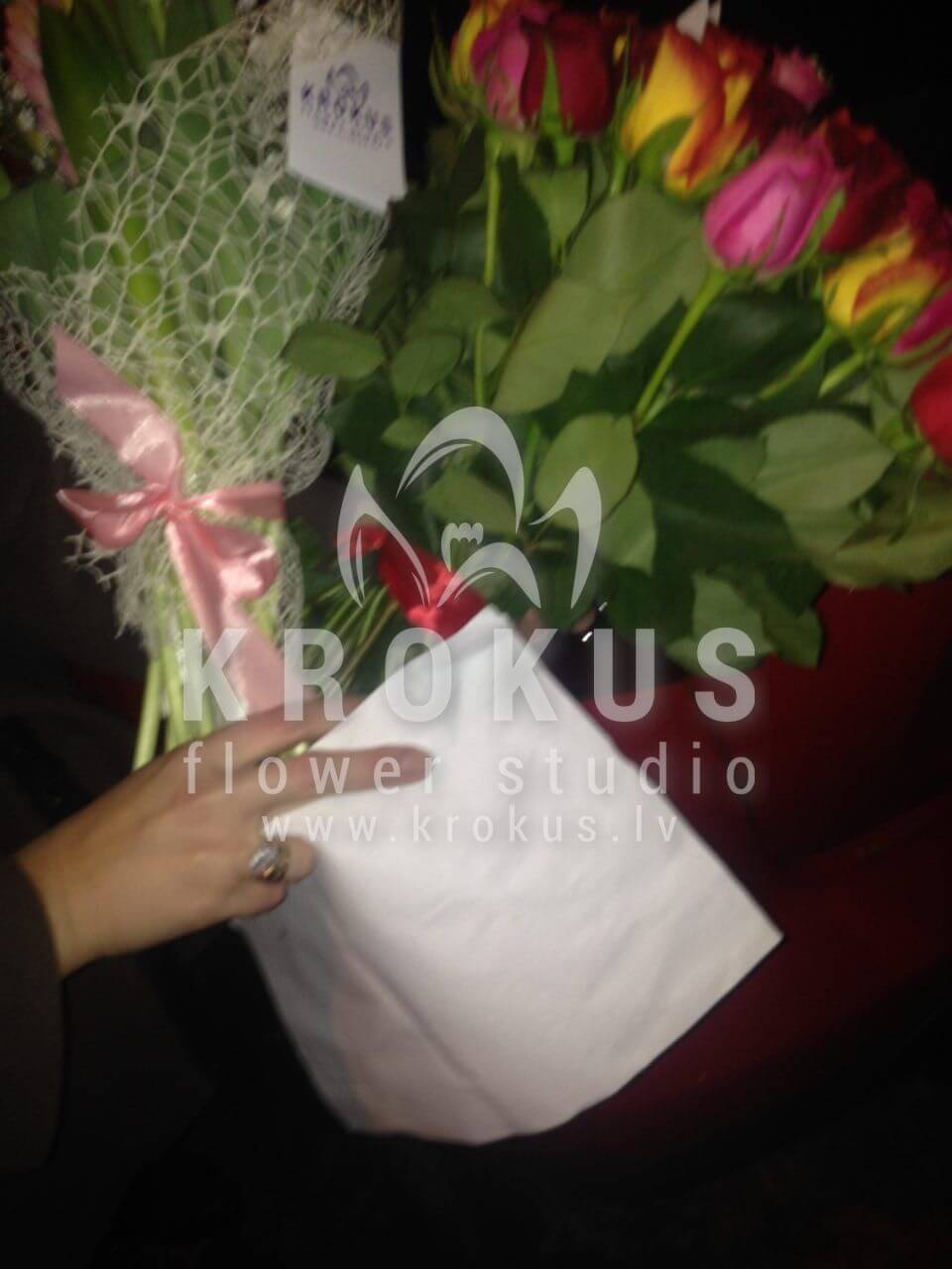 Deliver flowers to Latvia (pink rosestulipshyacinthgypsophilawhite rosesorange rosesred rosesyellow roses)