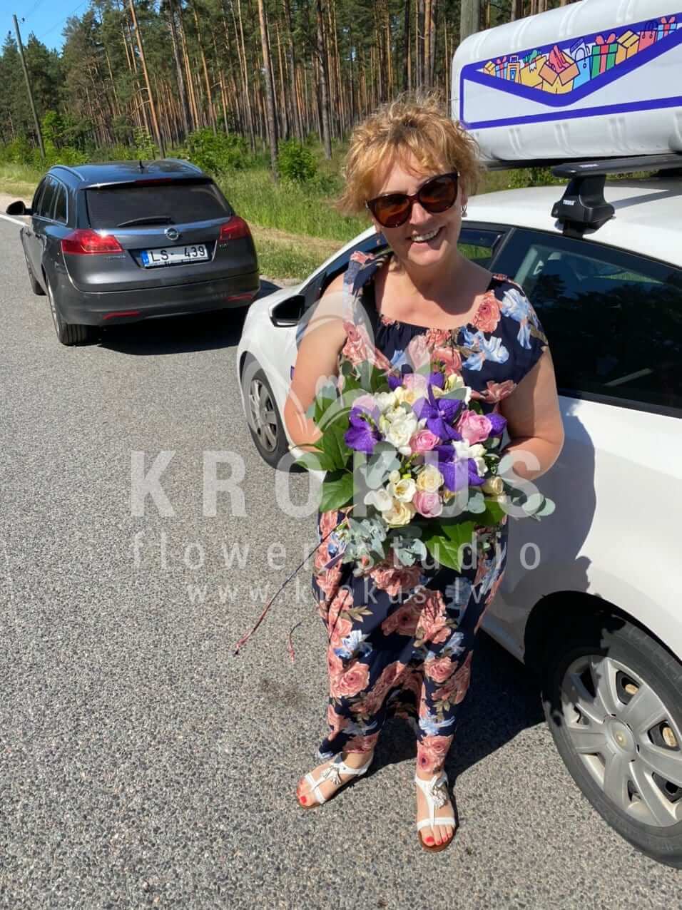 Deliver flowers to Latvia (shrub rosespink rosesfreesiaorchidsgum tree)