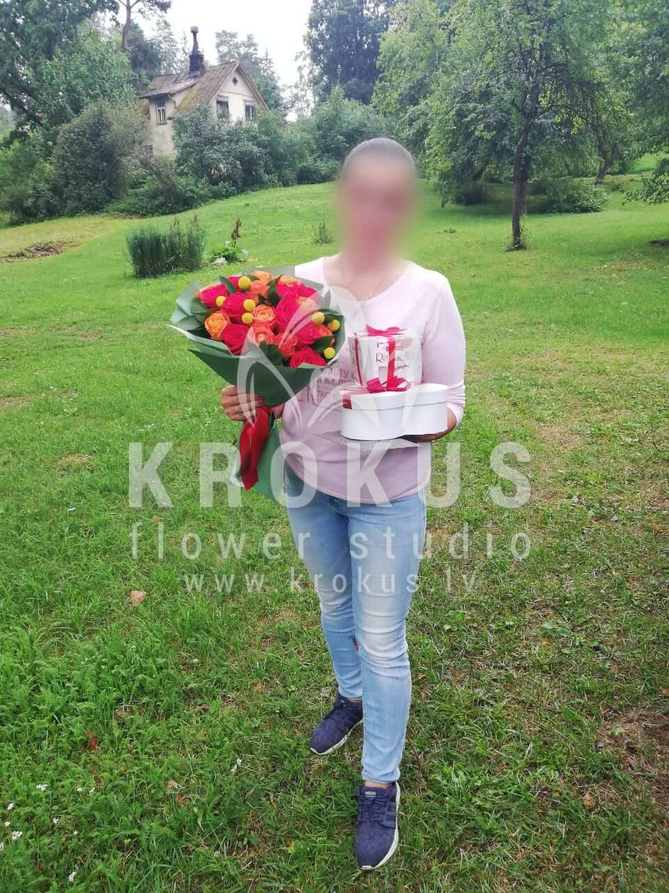 Deliver flowers to Ogre (craspediaruscusorange rosesred roses)