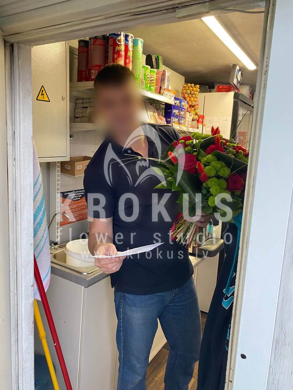 Deliver flowers to Rīga (beargrasschrysanthemumshypericumsalalred rosesaspidistra)