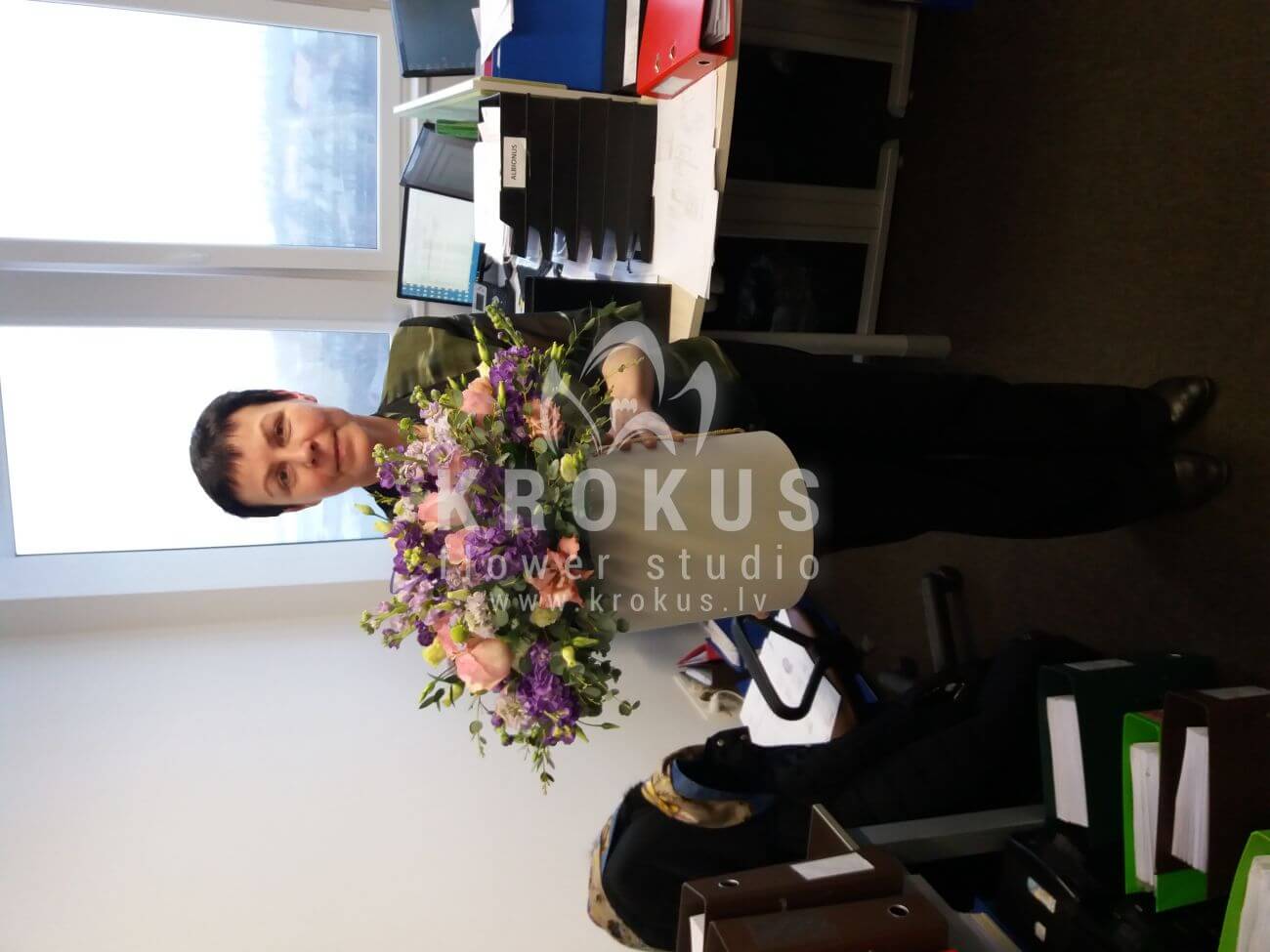 Deliver flowers to Latvia (boxpink rosesfreesialarkspurgum treelisianthuses (eustoma))